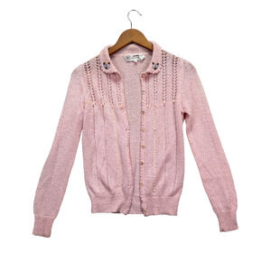 Vintage Jade Pink Textured Knit Sweater Top Cardigan Acrylic Button Front sz S